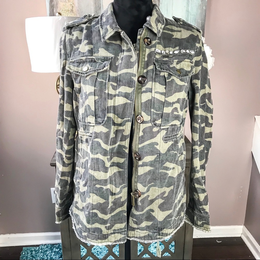 Elan Camo Military Inspired Rhinestone Jacket Sz M